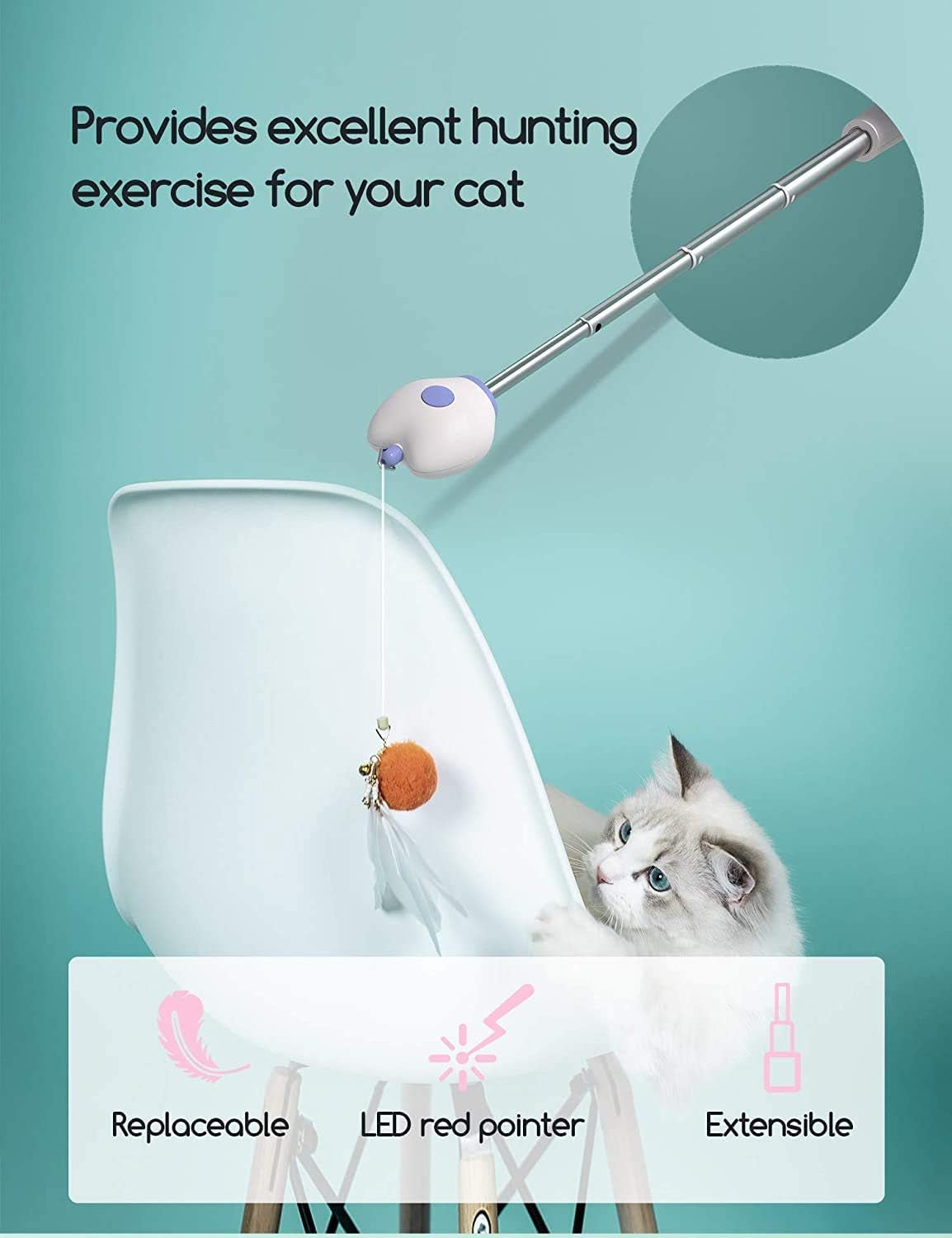 Cat Toys for Indoor Cats Interactive Cat Feather Fishing Pole 1Pcs Retractable Cat Wand Toy with Projection & 2Pcs Natural Feather Replacements (Green)