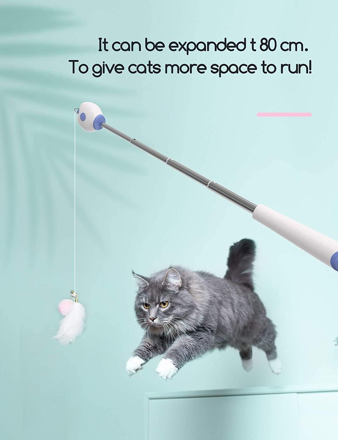Cat Toys for Indoor Cats Interactive Cat Feather Fishing Pole 1Pcs Retractable Cat Wand Toy with Projection & 2Pcs Natural Feather Replacements (Green)