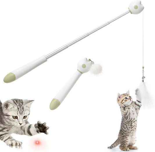 Cat Toys for Indoor Cats Interactive Cat Feather Fishing Pole 1Pcs Retractable Cat Wand Toy with Projection & 2Pcs Natural Feather Replacements (Green)
