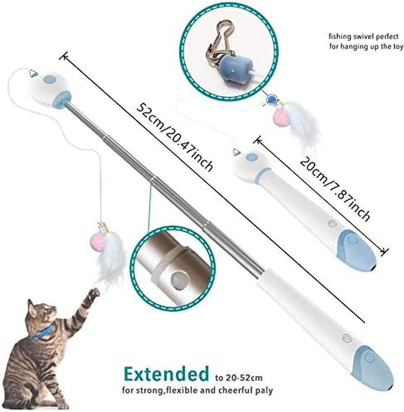 Cat Toys for Indoor Cats Interactive Cat Feather Fishing Pole 1Pcs Retractable Cat Wand Toy with Projection & 2Pcs Natural Feather Replacements (Green)