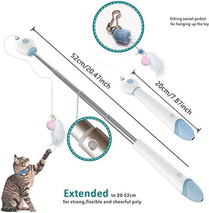 Cat Toys for Indoor Cats Interactive Cat Feather Fishing Pole 1Pcs Retractable Cat Wand Toy with Projection & 2Pcs Natural Feather Replacements (Green)