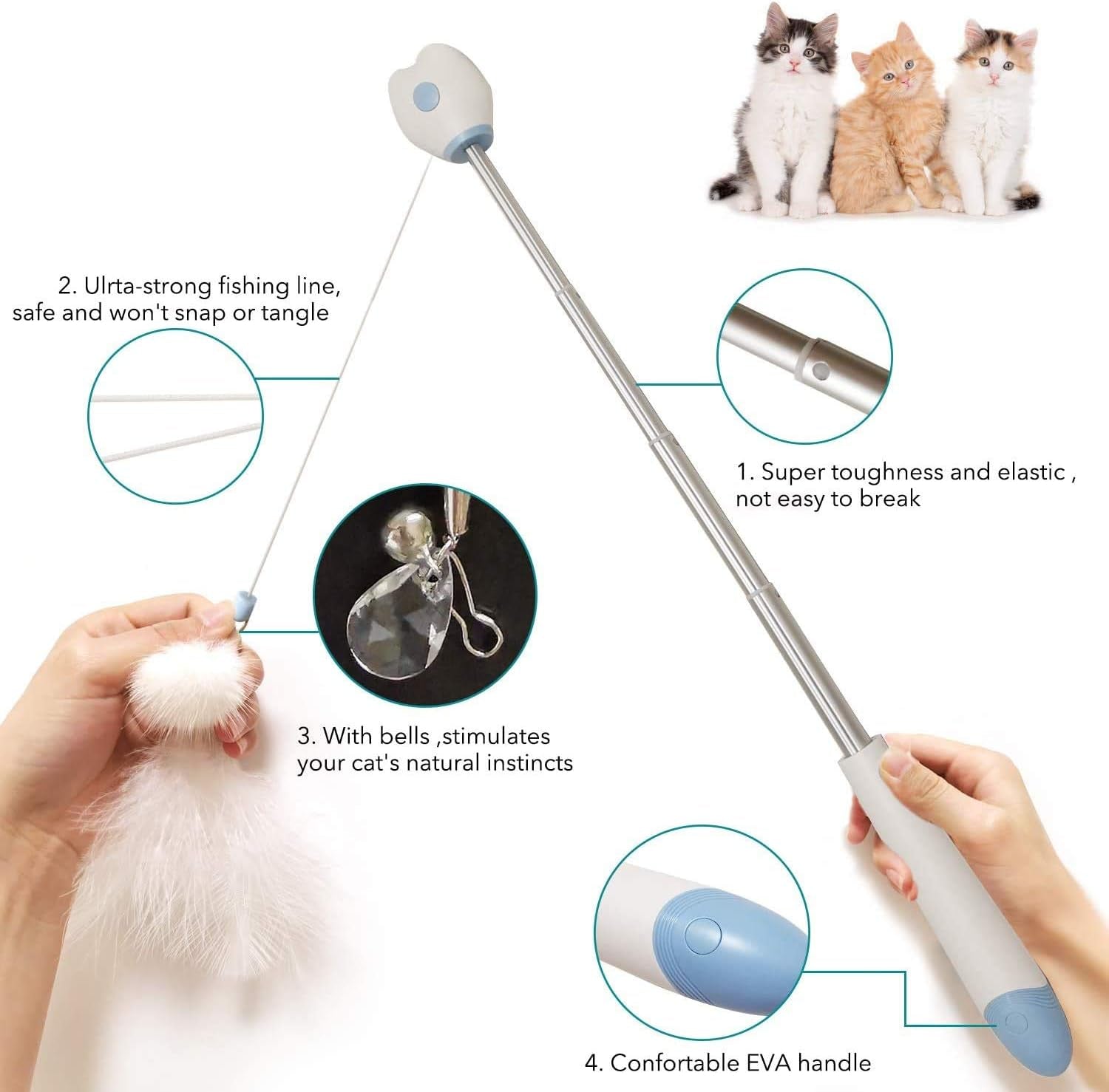 Cat Toys for Indoor Cats Interactive Cat Feather Fishing Pole 1Pcs Retractable Cat Wand Toy with Projection & 2Pcs Natural Feather Replacements (Green)