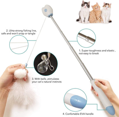 Cat Toys for Indoor Cats Interactive Cat Feather Fishing Pole 1Pcs Retractable Cat Wand Toy with Projection & 2Pcs Natural Feather Replacements (Green)